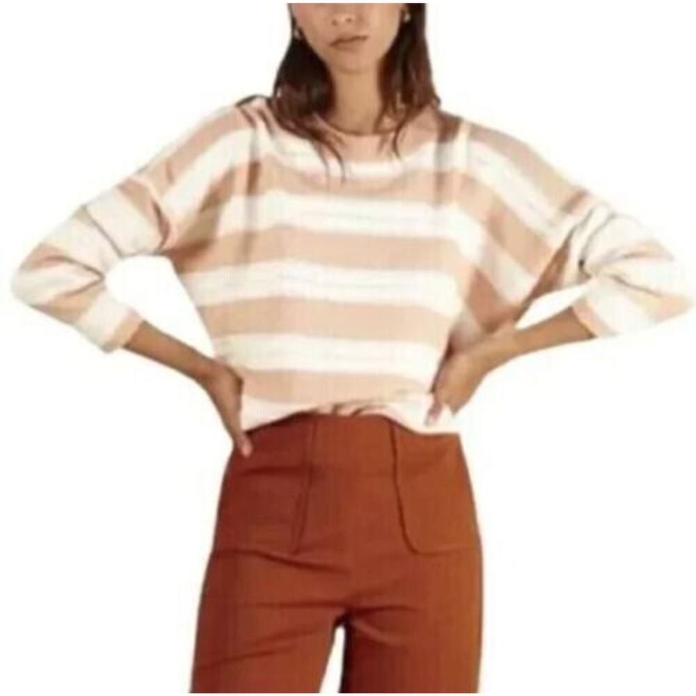 FRNCH Paris Women's Nadiege‎ Perforated Knit Striped Sweater Light Pink M/L $70